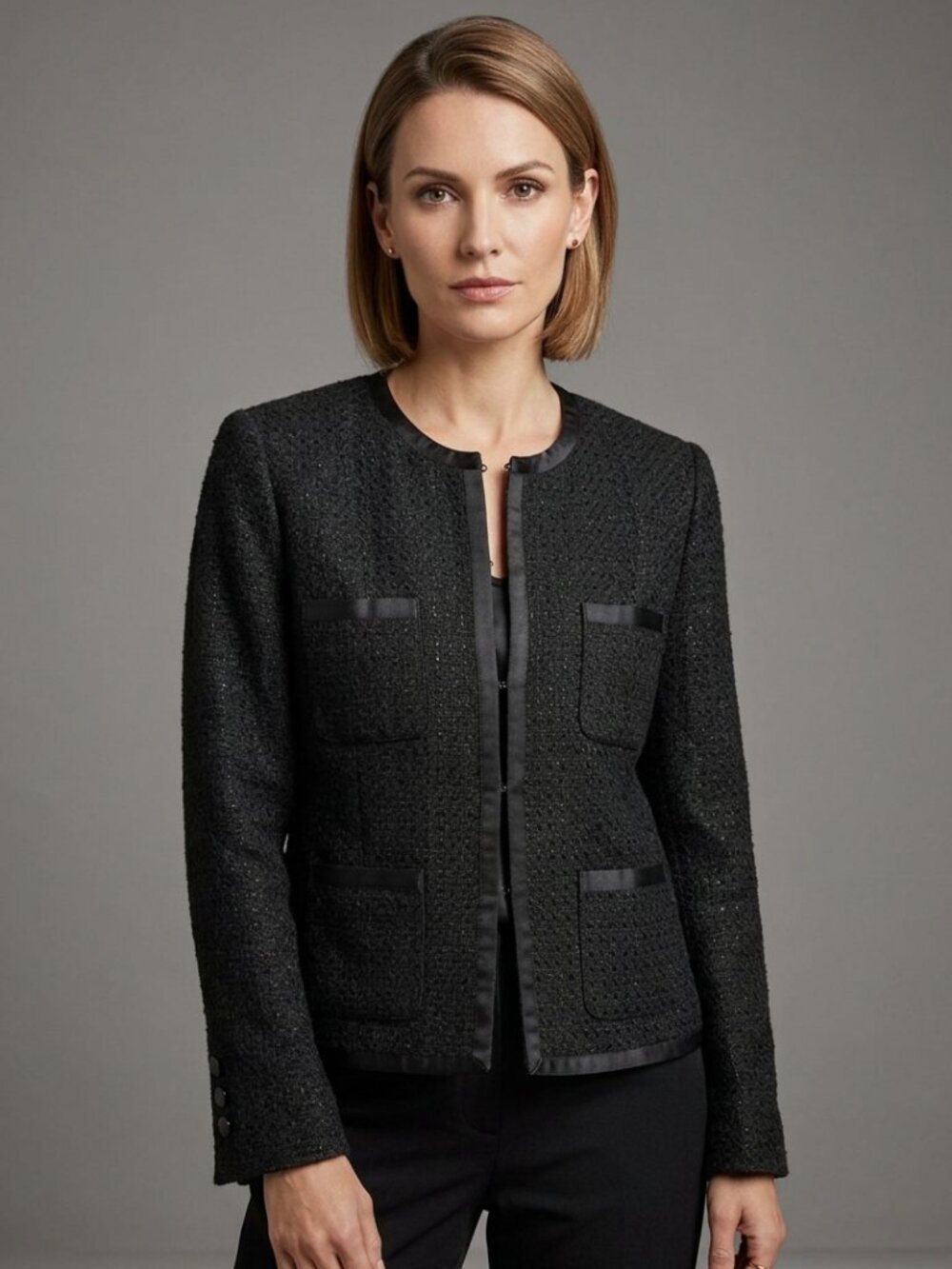 La Redoute Black Tweed Blazer with Ribbon Trim